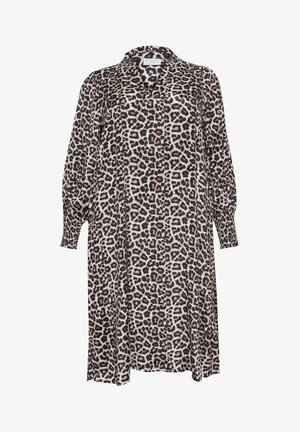 Haljina s uzorkom leoparda izrađena od laganog materijala, s V-izrezom, dugim puff rukavima i elastičnim manžetama. Opuštenog kroja i do koljena.