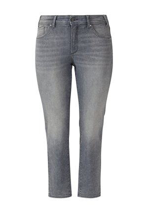 Jeans in denim grigio sbiadito con vita a media altezza, chiusura a bottone e zip, e design a cinque tasche, taglio dritto.