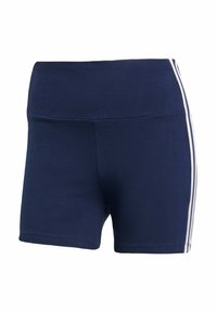 Námornícke modré športové šortky z elastického materiálu, s vysokým pásom a bielymi bočnými pruhmi. Hladká textúra a priliehavý strih.