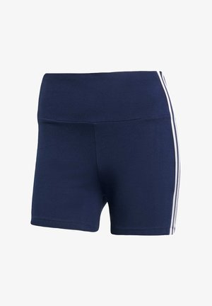 Tmavomodré sportovní šortky vyrobené z elastického materiálu, s vysokým pasem a bílými bočními pruhy. Hladká textura s přiléhavým střihem.