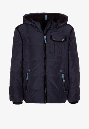 Granatowa pikowana kurtka puchowa z kapturem, wyposażona w kontrastowe kieszenie na zamek, pikowany wzór oraz miękką czarną podszewkę. Trwały materiał.