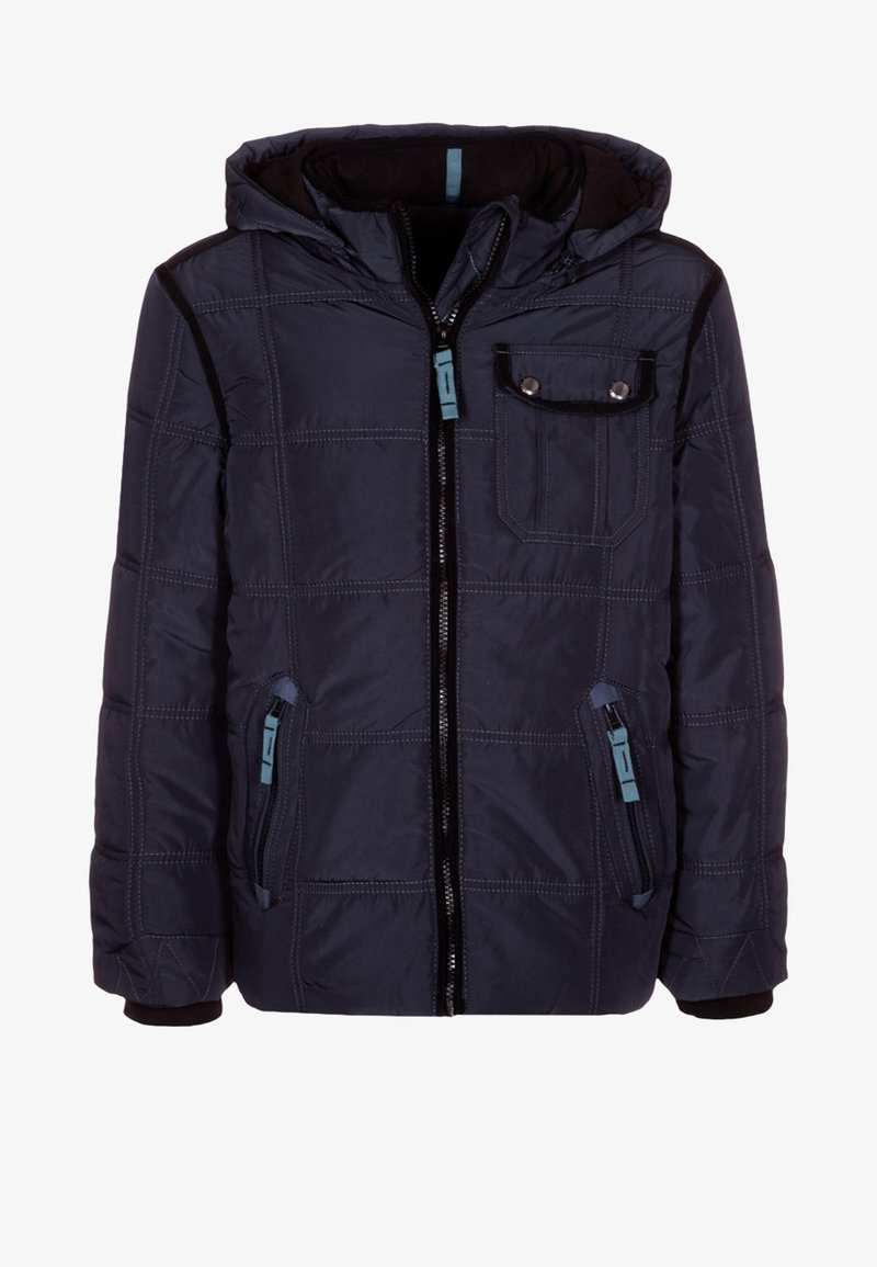 Doudoune bleu marine avec capuche, dotée de poches zippées contrastées, design matelassé et doublure intérieure noire douce. Matériau durable.