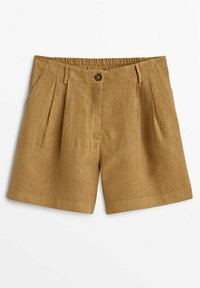 Leinen Shorts in einem goldbraunen Farbton, mit Falten, einem vorderen Knopf und seitlichen Taschen, geradem Saum und strukturierter Stofftextur.