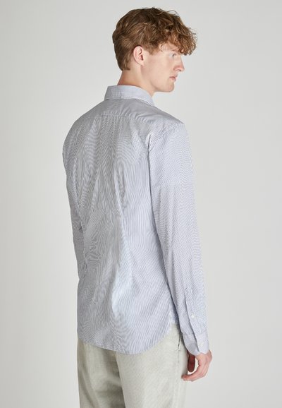 Gestreepte langemouwblouse met een button-down kraag, lichtblauwe en witte strepen, en een gebogen zoom. De stof lijkt glad met een subtiele glans.