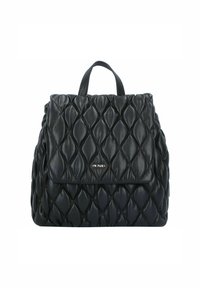 Black leather backpack with a quilted diamond pattern, featuring a front flap and a top handle. Accented with a small logo plate.