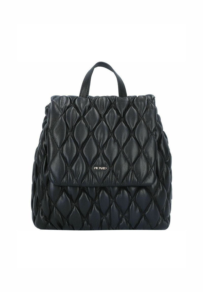 Black leather backpack with a quilted diamond pattern, featuring a front flap and a top handle. Accented with a small logo plate.