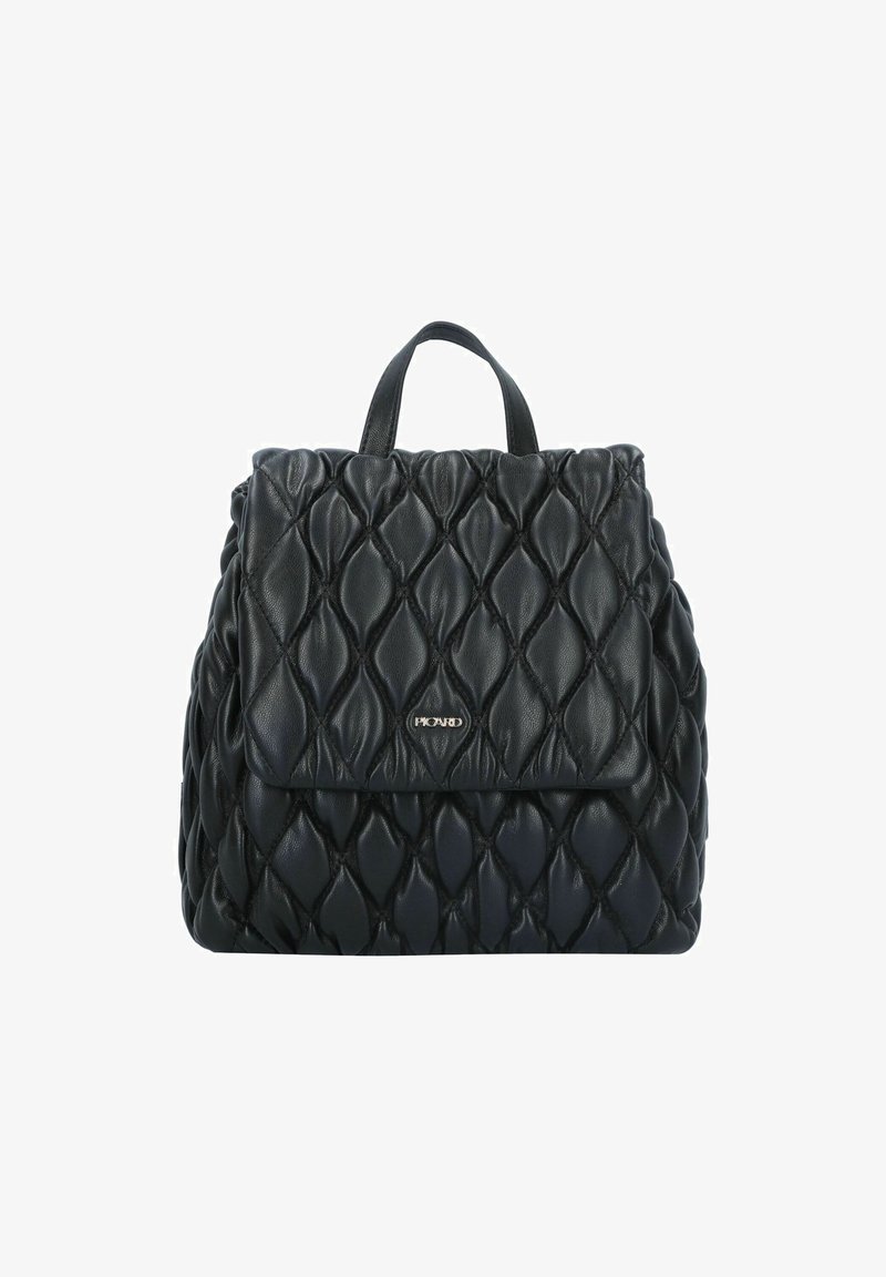 Black leather backpack with a quilted diamond pattern, featuring a front flap and a top handle. Accented with a small logo plate.