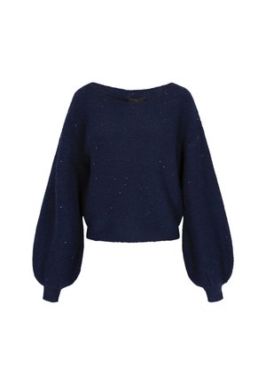 Tamsiai mėlynas megztinis su plačiomis baliono rankovėmis, raištinėmis apykaklėmis ir šiek tiek trumpintu hemu, išbarstytas subtiliais blizgučiais.