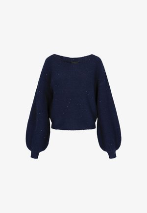 Pulover tricotat de culoare albastru închis, cu mâneci late tip balon, mansete cu nervuri și un tiv ușor scurt, presărat cu puncte strălucitoare subtile.