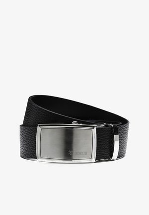 Cintura in pelle nera con finitura testurizzata, dotata di una fibbia rettangolare in argento con superficie lucida e logo impresso.