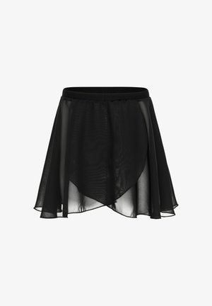 Black chiffon skirt with an elastic waistband, layered design, and a flowing hem. Lightweight fabric with a semi-transparent appearance.