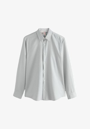 Light gray long-sleeve button-up shirt with a subtle geometric pattern, finished with a classic collar and white buttons. Soft fabric texture.