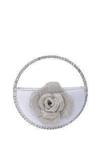 Borsa rotonda con un dettaglio di fiori in perline argentate. Corpo in tessuto bianco liscio e manico circolare adornato di cristalli.