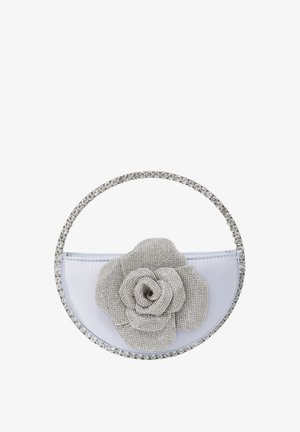 Kerek kézitáska ezüst gyöngyökkel díszített virágmotívummal. Simább fehér anyagból készült teste és kerek, kristályokkal díszített fogantyúja van.