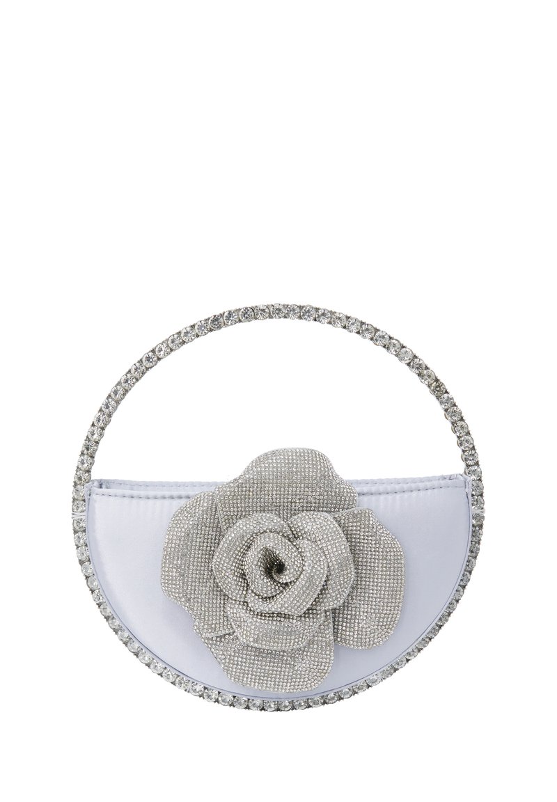 Kerek kézitáska ezüst gyöngyökkel díszített virágmotívummal. Simább fehér anyagból készült teste és kerek, kristályokkal díszített fogantyúja van.