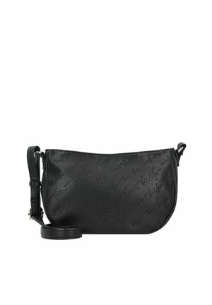 Sac à bandoulière en cuir noir avec motif en relief du nom de la marque, forme incurvée, bandoulière réglable et texture lisse. Design compact et élégant.