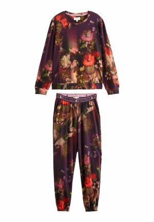 Loungewear set met bloemenpatroon, bestaande uit een top met lange mouwen en een broek met elastische taille in dieppaars, met levendige bloemen en een geborduurd logo.