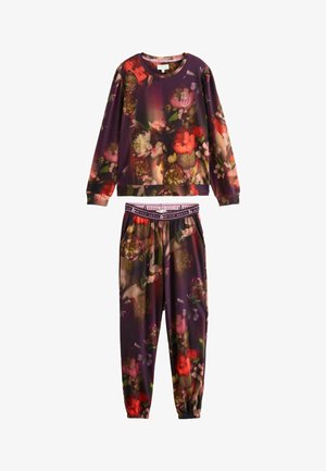 Komplet wygodnych ubrań w kwiatowy wzór, składający się z długiego rękawa i spodni na elastycznej talii w głębokim purpurowym kolorze, ozdobiony żywymi kwiatami i haftowanym logo.