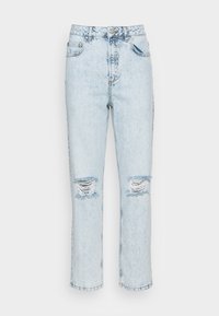 Jeans de denim azul claro com cintura alta, design de perna reta e rasgos desgastados nos joelhos. Apresenta um estilo clássico de cinco bolsos.