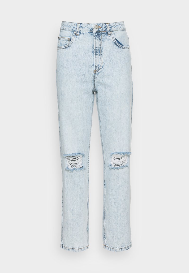 Hellblaue Jeans aus Denim mit hoher Taille, geradem Bein und verwaschenen Rissen an den Knien. Verfügt über einen klassischen Fünf-Taschen-Stil.