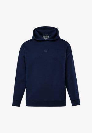 Granatowa bluza z kapturem, długimi rękawami oraz małym, centralnie umieszczonym logo na piersi i wewnątrz kaptura.