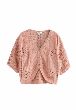 Crochet-style short-sleeve cardigan in soft pink with floral and leaf patterns, button closure, and a scalloped hem design.