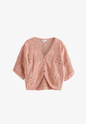 Crochet-style short-sleeve cardigan in soft pink with floral and leaf patterns, button closure, and a scalloped hem design.