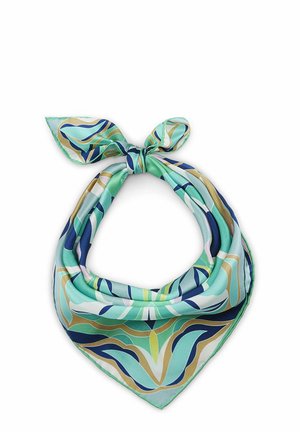 Foulard en soie à motif floral géométrique en vert, bleu, beige et blanc, noué en un nœud lâche.