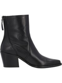 Bottine en cuir noir avec un bout légèrement pointu, tige texturée et un talon carré moyen avec un détails de fermeture éclair sur le côté.