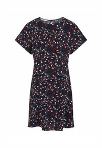 Abito a maniche corte in navy con motivi a vortice rossi e bianchi, realizzato in tessuto leggero, dotato di scollatura rotonda e vestibilità comoda.