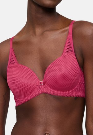 Roze beha met een gestructureerd honingraatpatroon, kantafwerking, verstelbare bandjes en een klein strikje in het midden, met voorgevormde cups.