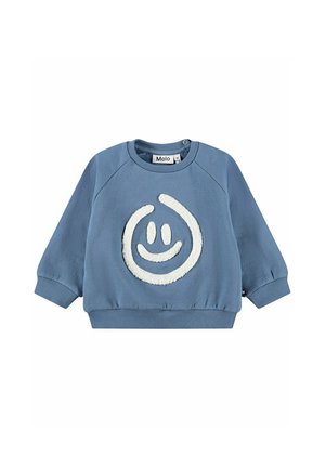 Blauwe peutertrui met lange mouwen, geribbelde manchetten, een wit gestructureerd smiley-gezicht ontwerp en een Molo merklabel op de kraag.