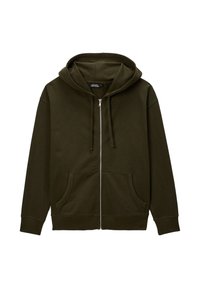 Sweatshirt zippé vert foncé avec poches avant, capuche et cordons, présenté à plat sur un fond blanc.
