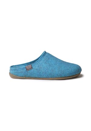 Blue felt slippers with a smooth texture, slip-on design, and a brown rubber sole. Features a small tag labeled "Toni Pons."