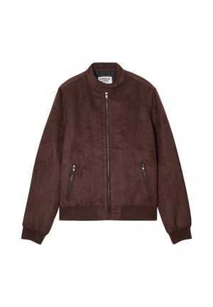 Brown suede bomber jacket with a ribbed collar and cuffs, featuring a front zipper and two zippered side pockets. Smooth texture.