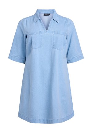 Gai zili denima kleita ar apkakles izgriezumu, īsām piedurknēm un divām krūtīm kabatām. Taisna griezuma un ceļa garuma ar gludu tekstūru.