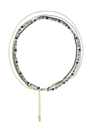 Colier stratificat cu ton auriu, cu un șir de mărgele mici multicolore în nuanțe pastel și o închizătoare cu lanț prelungitor.
