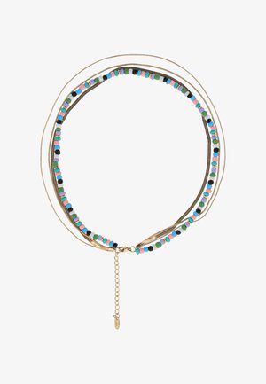 Colier stratificat cu ton auriu, cu un șir de mărgele mici multicolore în nuanțe pastel și o închizătoare cu lanț prelungitor.