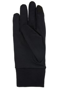 Sorte handsker lavet af blødt, strækbart stof, med et tætsiddende design med fire fingre og et tekstureret område på tommelfingeren til brug af touchskærm.
