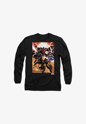 Schwarzes Langarmshirt mit Marvel X-Men Charakteren Wolverine, Cyclops, Storm und Magneto in Aktion mit Energieeffekten und dynamischen Posen.
