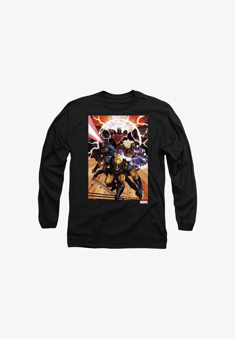 Black long-sleeve shirt featuring Marvel X-Men characters Wolverine, Cyclops, Storm, and Magneto in action with energy effects and dynamic poses.