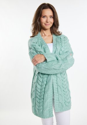 Cardigan tricotat cu mânecă lungă, într-o nuanță moale de verde mentă. Prezintă un design cu tricot cablu și un front deschis. Poartă deasupra unei bluze albe, cu accente texturate.