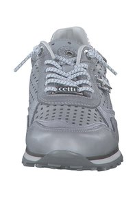 Light gray athletic shoes with perforated leather upper, contrasting gray laces, branded tag, cushioning sole, and textured rubber outsole.