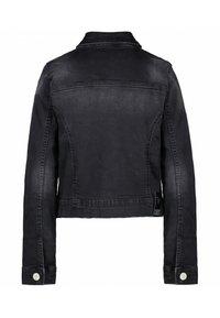 Černá džínová bunda, zkrácený střih, klasický límec, dlouhé rukávy, viditelné švy, kovové knoflíky, štítek na boku.