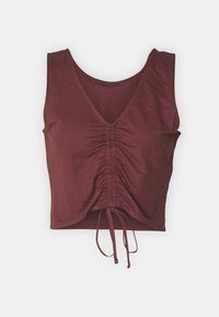 Top corto maroon con scollo a V, maniche corte, dettaglio arricciato frontalmente e laccio regolabile sull'orlo. Tessuto dalla texture liscia.