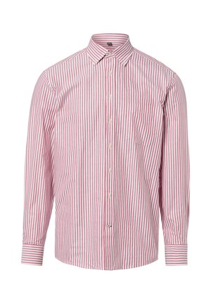 Herrenhemd mit langen Ärmeln und Knopfleiste, rot-weiß gestreift in vertikaler Richtung, mit spitzem Kragen, Brusttasche und knöpfbaren Manschetten.