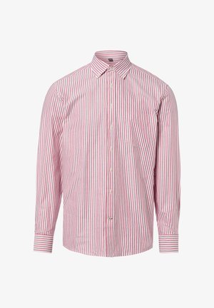 Herrenhemd mit langen Ärmeln und Knopfleiste, rot-weiß gestreift in vertikaler Richtung, mit spitzem Kragen, Brusttasche und knöpfbaren Manschetten.