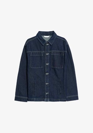 Mørkeblå denimjakke med spidse krave, knaplukning foran, to brystlommer og sidelommer, med kontrasterende hvid syning.