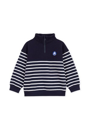 Marineblau-weiß gestreifter Langarmpullover mit Viertelreißverschluss und Segelboot-Logo-Patch auf der Brust.