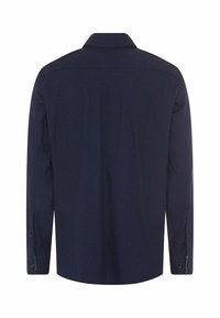 Marineblaues Langarmshirt aus strukturiertem Stoff. Mit einem Kragen und geknöpften Manschetten. Einfacher, einfarbiger Look ohne Muster.
